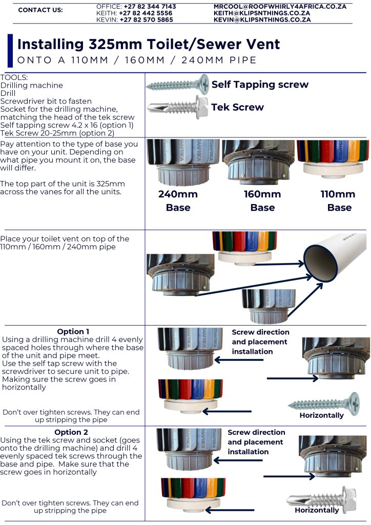 RoofWhirlys4Africa Installation Guide - 110mm Toilet Vent (250mm across vanes)