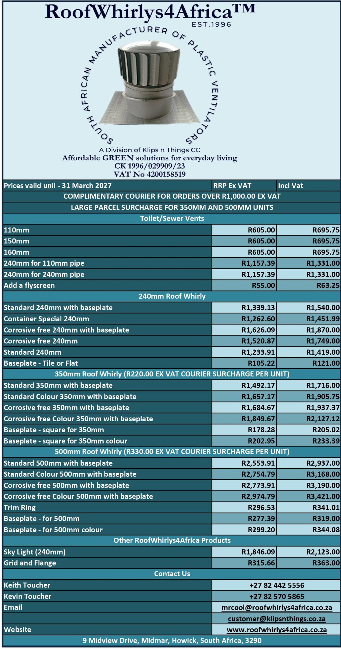 RoofWhirlys4Africa - Price List - 2026