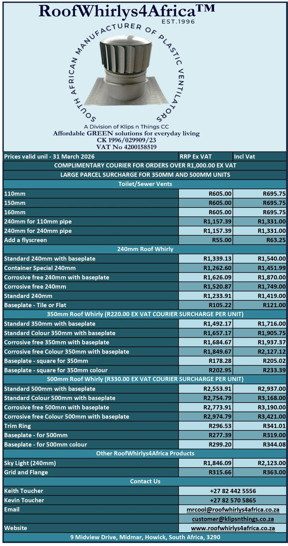 RoofWhirlys4Africa - Price List - 2026